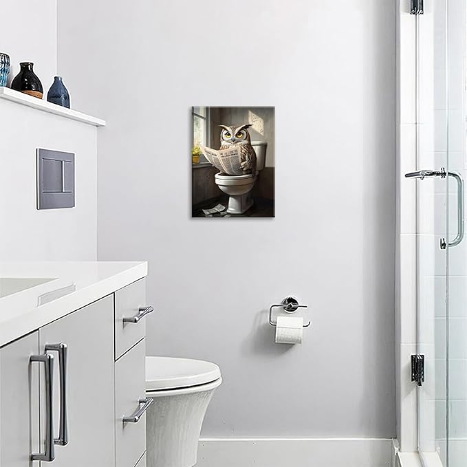 Owl Bathroom Wall Art, Funny Owl Toilet Pictures Wall Decor, Bird Canvas Prints, Animal Painting, Framed Artwork for Bathroom Living Room Bedroom Office Dining Room 24"X20"