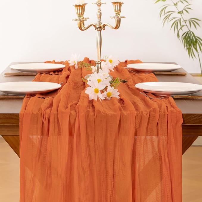 Socomi 6pcs Orange Cheesecloth Table Runner Fall Thanksgiving Boho Rustic Gauze 120 inch 10FT Cheese Cloth Runner for Wedding Party Baby Shower Birthday Home Decor Holiday Decorations