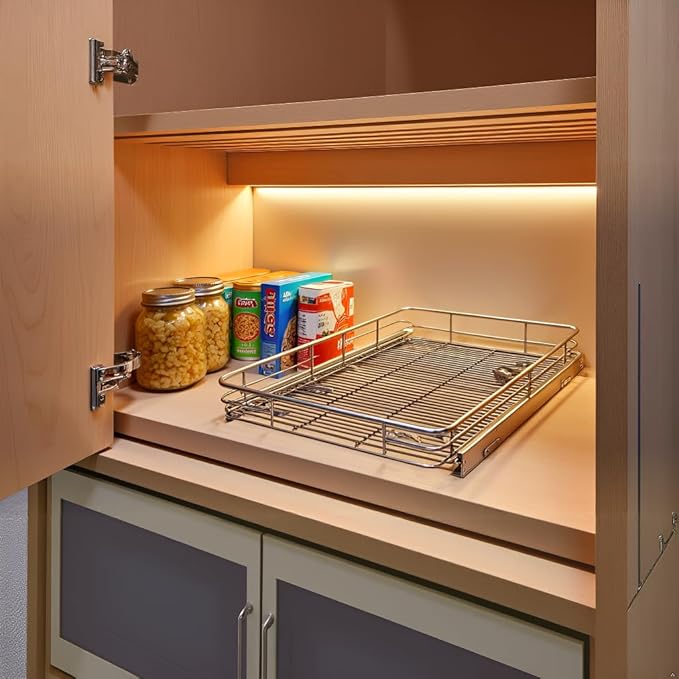JOWBOOW Pull Out Cabinet Organizer (22" W x 21" D), Slide Out Shelves for Kitchen Cabinets, Pull Out Drawers Heavy-Duty Metal Rolling Shelf, Chrome Finish