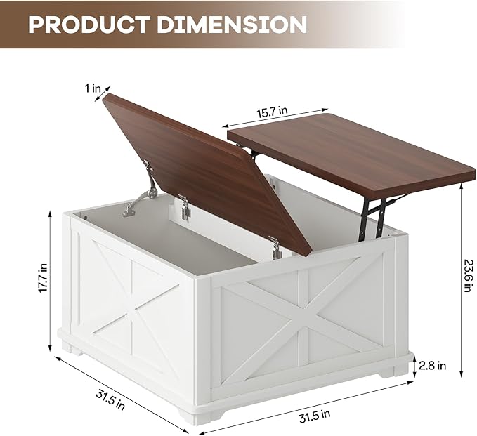 Airynee Farmhouse Coffee Table with Hydraulic Lifter, Square Coffee Table with Large Hidden Storage Compartment for Living Room, Wooden Coffee Tables with Brown Flip-Top Lids for Home Office, White