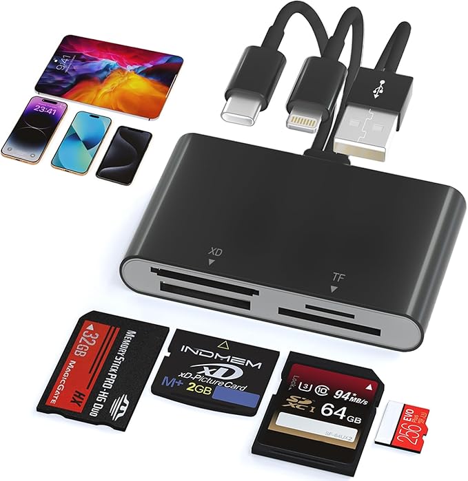 Memory Card Reader - 4 in 1 SD/MicroSD/MS/XD Card Reader Memory Stick Pro Duo Adapter for Sony Cybershot SD, Lightning/USB-C/USB-A Triple SD-Card Reader for iPhone 17/16/15/14/iPad/PC/Android/Camera