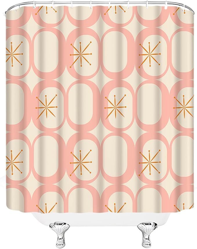 Mid Century Modern Shower Curtain Abstract Atomic Geometric Round Squares Retro 50s Pink Fabic with Hooks for Bathroom Decor,60x70 Inch