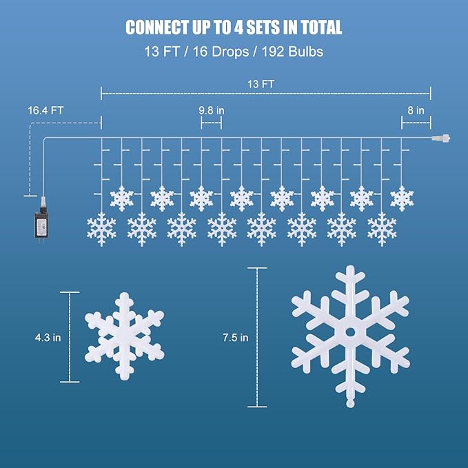 Christmas Snowflake Icicle Lights - 13ft 192LED Snowflake Drops, 12 Modes and Timer, IP65 Waterproof Connectable Christmas Lights for House Eave Window Indoor Outdoor, White