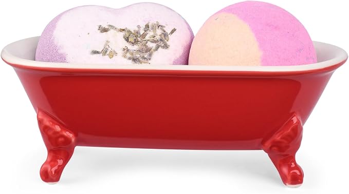 6.5" Ceramic Mini Decorative Clawfoot Bathtub Bar Soap Dish, Kitchen Sponge Holder and Shower Tray for Bathroom, 1 Pack(Chili)