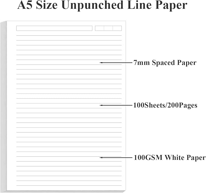 Unpunched Lined Refill Paper - A5 Loose Leaf Paper for Ring Binder/Discbound Notebook Planner Inserts, 100 Sheets/200 Pages,100gsm Ruled White Pages, 5.8" x 8.25”