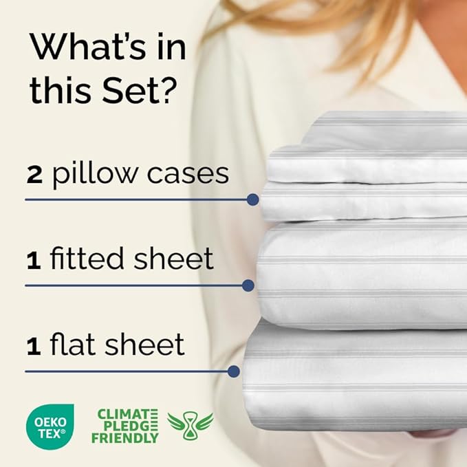 Light Grey and White Striped Sheets - 1 Flat & 1 Fitted Sheet & 2 Pillowcases w/ Deep Pockets - Wrinkle & Fade Resistant, Ultra-Soft, Breathable & Cooling - Luxury Pinstripe Bedding - King Size