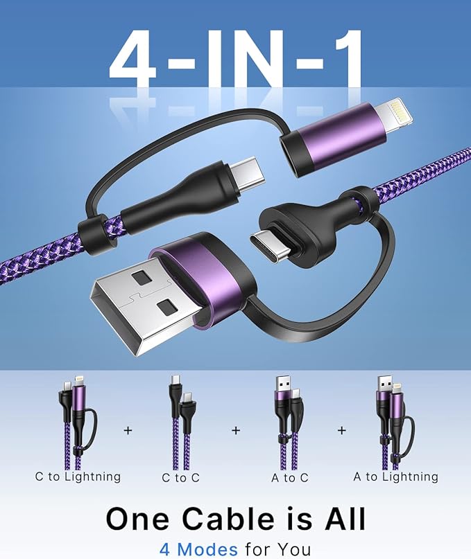 4-in-1 USB C Cable, USBC Lightning Cable USB C to C Charging Cable 60W PD [Fast & Data Sync] 4 in 1 Multi Charger for iPhone 16 15 14 13 12,MacBook Pro 2024 iPad mini 6/Pro,Samsung Galaxy