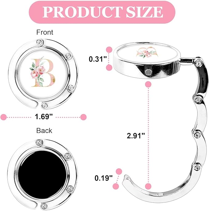 XSUIOY 3Pcs Personalized Initial Foldable Purse Hook for Table,Crushed Flower Letters Folding Purse Hanger,Purse Holder Handbag Hanger Collection Desk Table Bag Hooks Gifts for Women Bag(Pink-B)