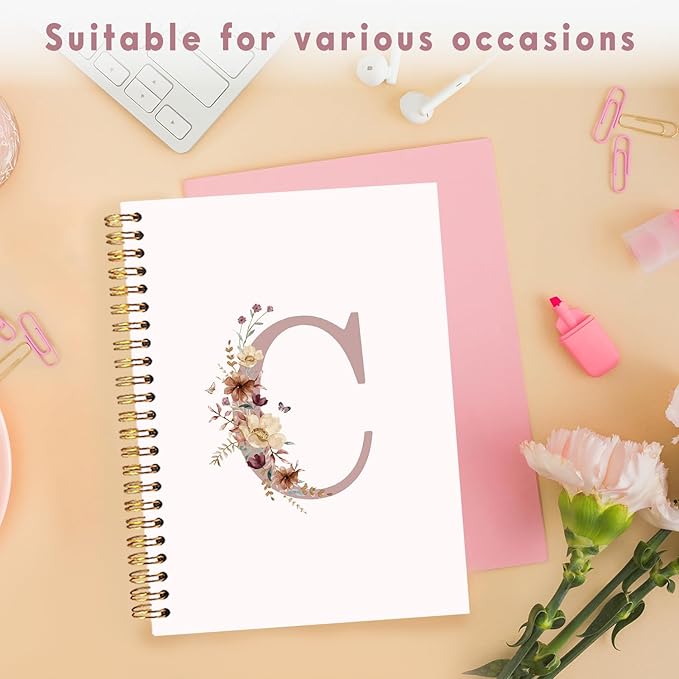 Lacama Customized Monogrammed Gifts, Pink Initial Letter C Notebook Journal, Aesthetic Wildflower Personalized Spiral Notebook, Birthday Gifts for Women, School Supplies, Office Supplies 5.5x8.3