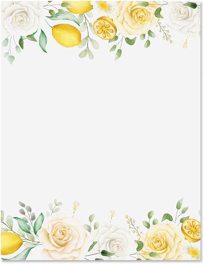 Current Lemon Floral Letter Paper - Spring Stationery Papers With Decorative Flowers and Lemon Border, Printable Holiday, Wedding & Bridal Shower, & Invitation Sheets, Set of 25, 8 1/2" x 11"