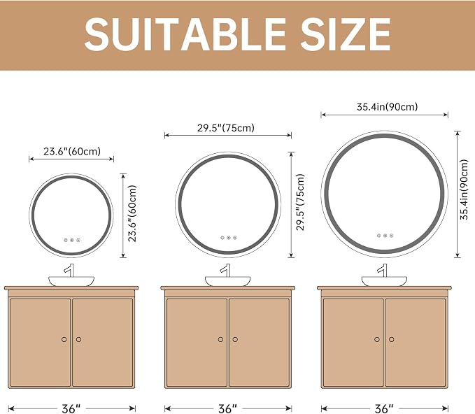 LOVESPEJO 30" Round LED Bathroom Mirror with Lights, Circle LED Mirror for Bathroom, Fogless, Dimmable, 3 Colors Changing, IP54, Shatter-Proof