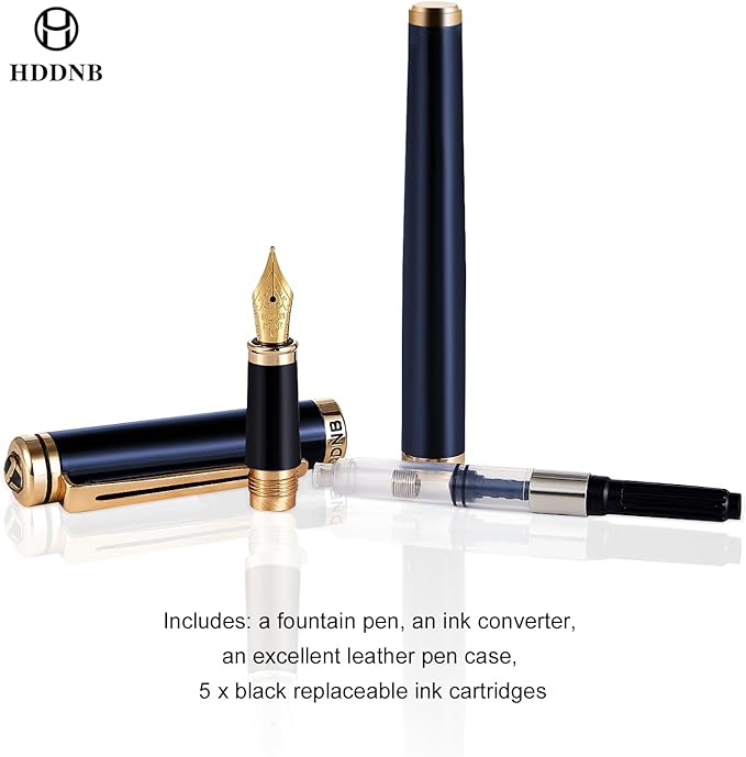 HDDNB Blue Luxury Fountain Pen Set for Men and Women with Gift Box, 24K Gold Finish and Gilded Nib(Extra Fine) with 5 Black Ink Cartridges and Converter