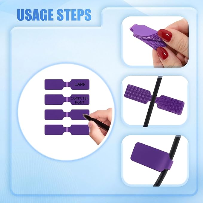 50 Pieces Cord Labels Self-Adhesive Nylon Cable Labels Tags Waterproof Wire Cable Tags or Electronics Office Computers Management and Identification (Purple)