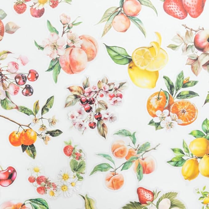MiyouLuna 60 Pcs Large Garden-Inspired PET Stickers, Fruit-Themed for Scrapbooking, Journaling, DIY Crafts, with Organizer