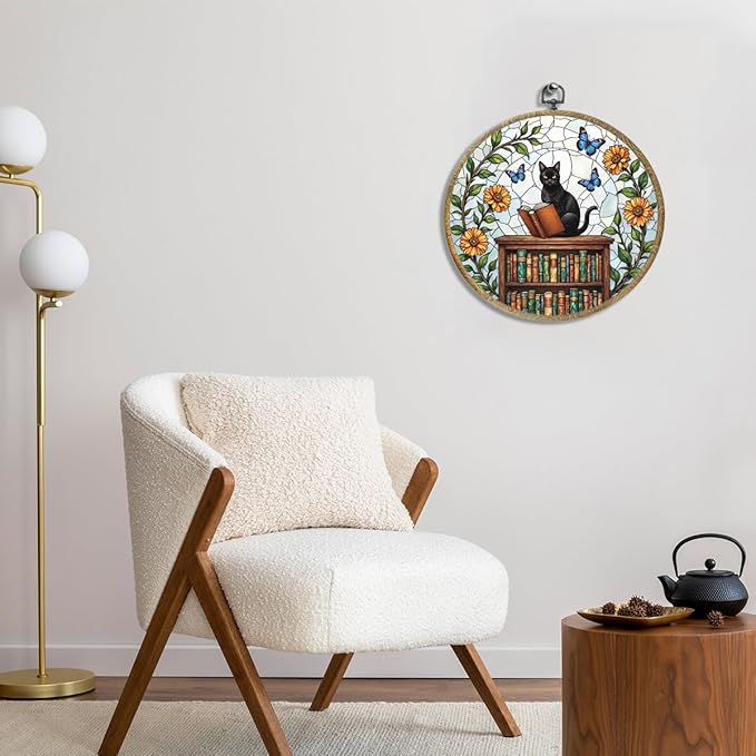 Cute Cat Decor Cat Stuff Accessories Book Lovers Gifts Reading Gifts Framed Round Wall Decor Canvas Wall Art Hanging Prints Artwork for Home Nursery Bedroom Living Room Decorations 10.2X10.2 Inch