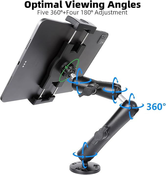 FPN Dashboard Mount Tablet Holder for Truck, Heavy Duty Drill Base with Aluminum Arm Tablet Mount for Car, Wall, Boat, Desk, Compatible with iPad Pro Air Mini, 4.7-12.9″ Tablets and Phones (PTM-28)