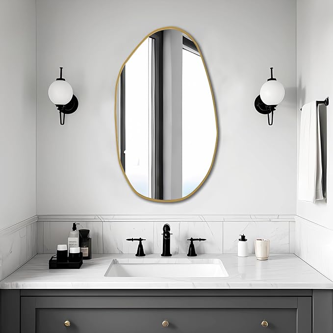 BOMINICA Irregular Wall Mirror Asymmetrical Mirror, Decorative Wall Mirror Golden Wood Framed, Wall Mounted Mirror for Bathroom Living Room Entryway Bedroom Hallway (Gold, 19.5" x 33.5")