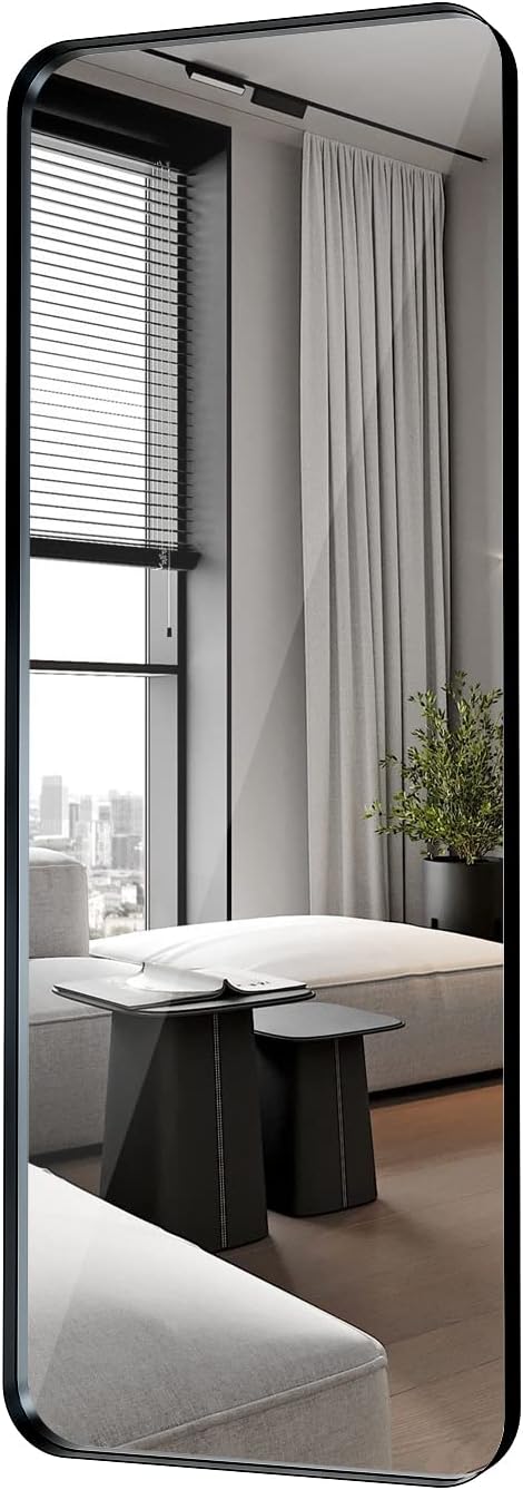Black Full Length Mirror for Bathroom, 18"x48" Long Metal Framed Full Body Mirror, Rectangle Floor Mirror Leaning Against Wall for Dressing Living Room Bedroom Entryway