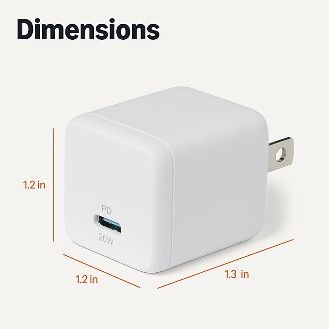 Amazon Basics Fast Charging USB C Nano GaN Wall Charger, 20W 1-Port PD 3.1 for Tablets Phones, White
