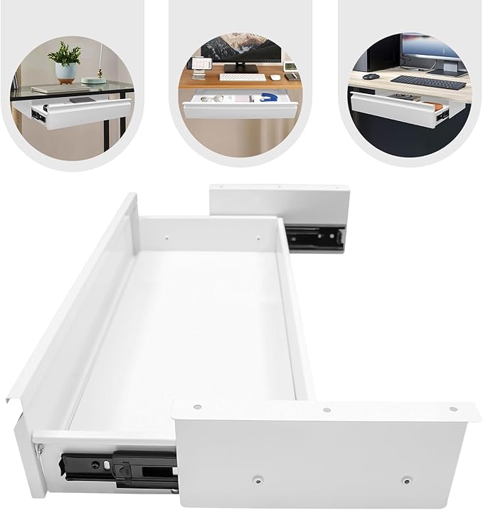 FFanhia 22 Inch Under Desk Mounted Sliding Pull-out Drawer Storage for Sit Stand Workstation Office(Applicable Table Thickness: 0.79in) White