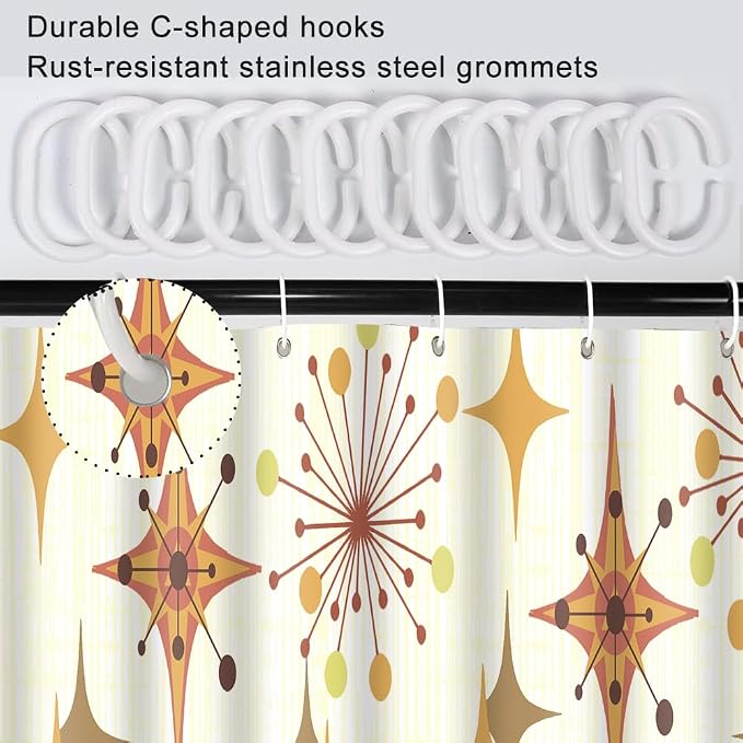 Mid Century Shower Curtain, 48x72inch, Modern Abstract Retro Yellow Striped Geometric Shower Curtain Sets 1950s Boho Bathroom Shower Curtain with 8 Hooks