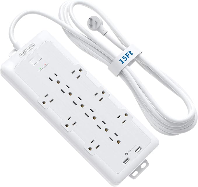 4000 Joules Power Strip Surge Protector, 15 FT Heavy Duty Extension Cord (1875W/15A), 12 Widely Spaced AC Outlets, Overload Protection, Wall Mount, ETL Listed, Ideal for Home, Dorm Essentials, White