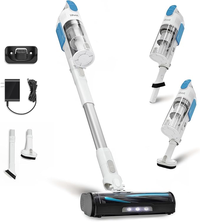LEVOIT Cordless Stick Vacuum, Anti-Tangle, LED Headlights, Removable Battery, Self-Standing, Strong Suction, for Pet Hair, Hard Floor, Carpet, LVAC-200 White&Blue