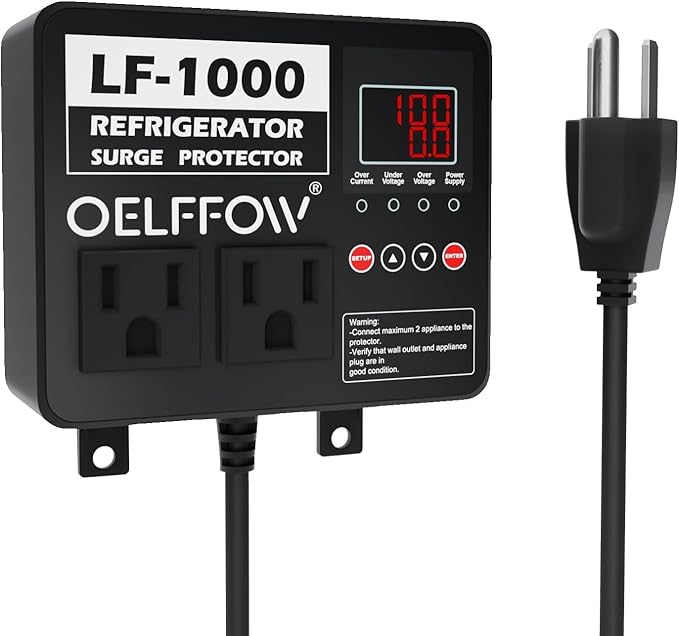 Refrigerator Surge Protector, Time Delay and Real-time Display, Voltage Protector, 2 Outlet Surge Protector for Home Appliances, with Mounting Screws, Black