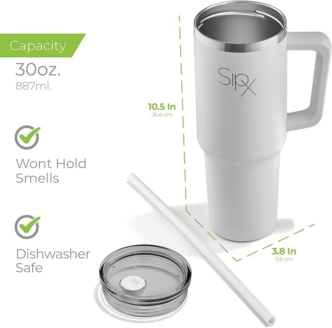 SIPX™ 30 oz Insulated Tumbler with Handle & Straw – Vacuum Insulated Stainless Steel, Leakproof, Cupholder Friendly – Perfect for Iced Coffee, Water & Travel – White