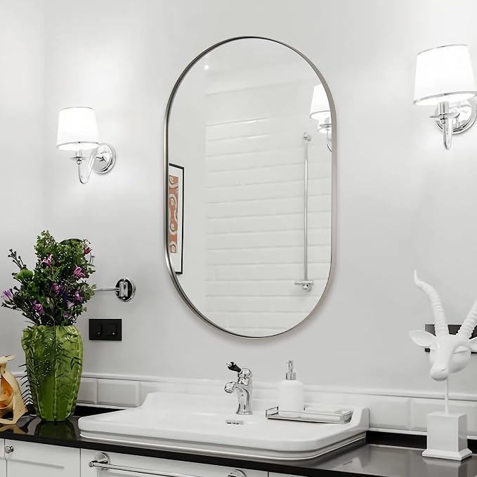 ANDY STAR Chrome Oval Mirror 26x38’’ Pill-Shaped Mirror Chrome Metal Framed for Bathroom Vanity in 1 Inch Stainless Steel Meatl Frame Anti-Rust Wall-Mounted Vertically/Horizontally