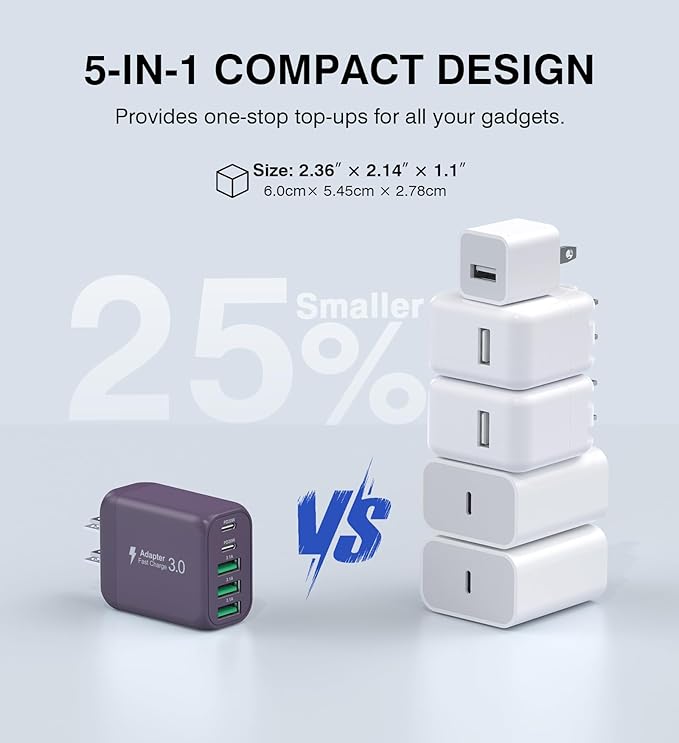 50W 2-Pack USB C Wall Charger Block, 5-Port C Charger Fast Charging Block PD Power Adapter +QC 3.0 Multiport Type C Box Brick Cube USB A Wall Plug for iPhone 14/15/16/17 Pro Max,Samsung Galaxy(Purple)