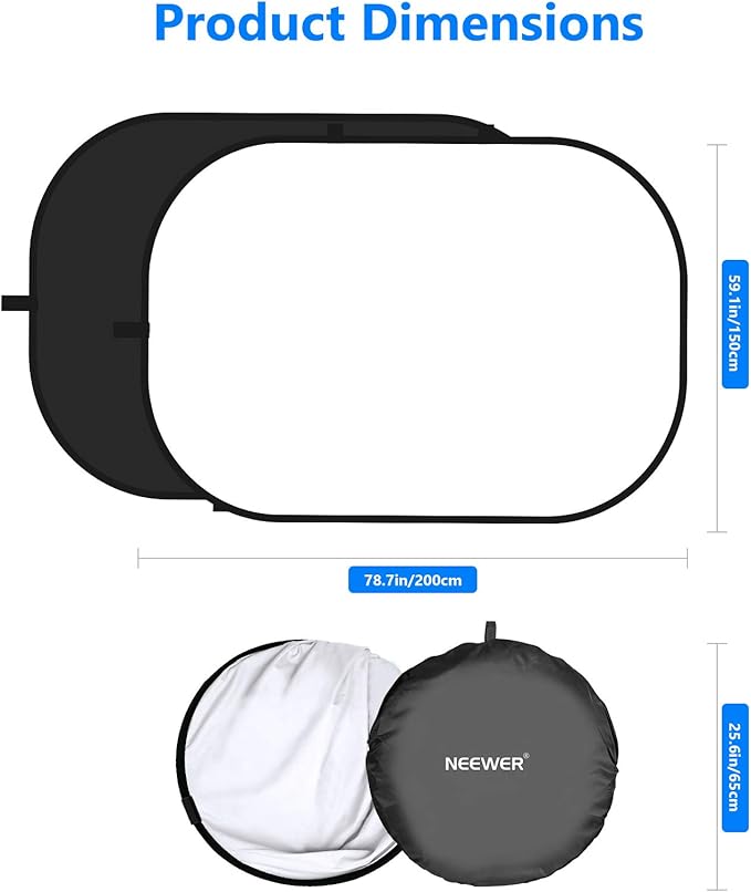 NEEWER Chromakey Backdrops, Double Sided Black Screen and White Screen, 2 in 1 Collapsible and Reversible Background for Photography, Gaming and Live Streaming, 5'×6.6'/1.5m×2m (Black/White)