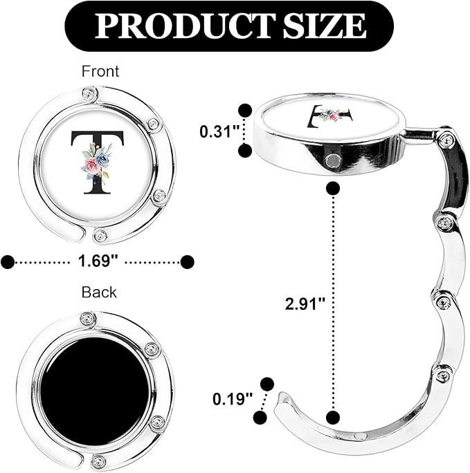 XSUIOY 3Pcs Personalized Initial Foldable Purse Hook for Table,Crushed Flower Letters Folding Purse Hanger,Purse Holder Handbag Hanger Collection Desk Table Bag Hooks Gifts for Women Bag(Black-T)