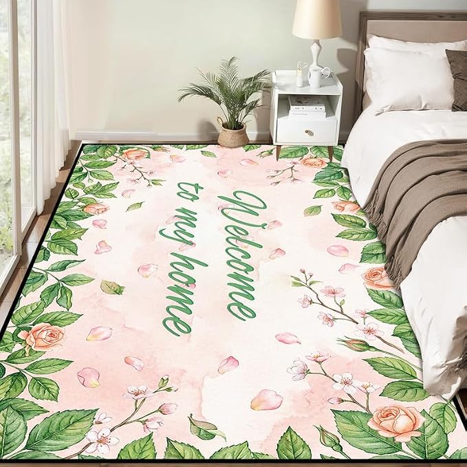 Welcome Rug Floral Area Rug for Bedroom Living Room Nursery Playroom Classroom Home Decor Pink Rose Green Leaf Carpet Non-Slip Washable Floor Mat,5'x7'