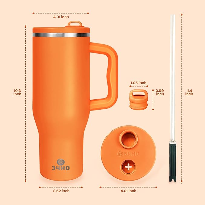 34HD 40 oz Stainless Steel Tumbler - Leakproof Insulated Water Bottle with Handle, Magnetic Lid and Flexible Straw - Iced for 48 Hours – Perfect for Men, Women, Birthday Gift, Orange - Tangerine Glow