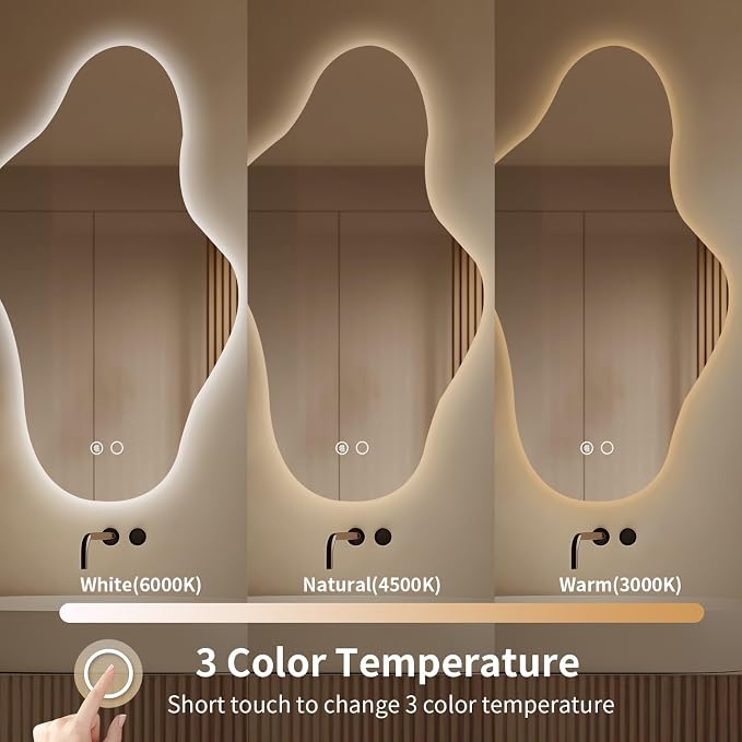 Modern Irregular LED Bathroom Mirror with Lights, Asymmetrical Frameless Smart Lighted Wall Mirror for Living Room Entryway, Large Decorative Makeup Vanity Mirror with Touch Switch(22.5″x39.4″)