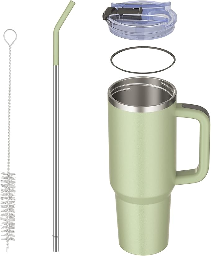 40 oz tumbler with handle and straw,Double Wall Vacuum Reusable Stainless Steel Insulated Water Bottle,With Leak Proof lid and Straw for Iced or Cold Beverages (bay green)