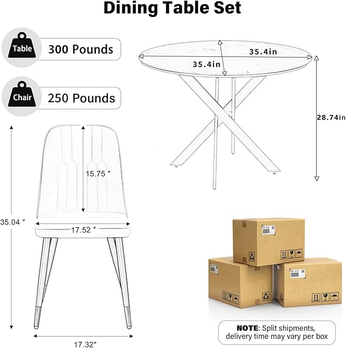 RGZ Mid Century Round Dining Table Set for 4, 36" Small Walnut Wooden Circle Kitchen Table & 4 Black PU Leather Kitchen Chairs, Dinner Table Set for Home, Apartment, Kitchen