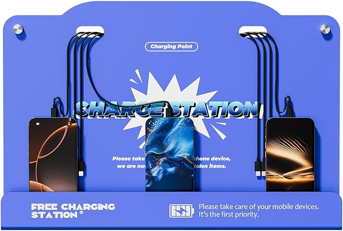 8-Port Wall Mounted Charging Station with Universal Cables – Fast Charging Dock for iPhone, Android & Type-C Devices – Perfect for Office, Airport, Hotel & School Use (Blue)