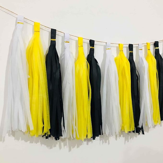 We Moment Black Yellow and White Tissue Paper Tassels Party Tassel Garland Banner for Party Decorations, DIY Kits,15PCS