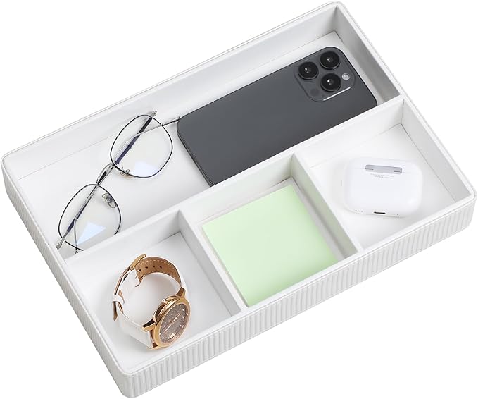 NICLNGSH PU Leather Valet Tray, Decorative Trinket Vanity Desk Drawer Organizer Tray, Perfume Dish Catch All Bowl for Keys, Nightstand Drawer Organizer Women Men with 4 Compartments (Cream-White)