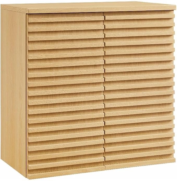 Modway Render Wall Mounted Bathroom Cabinet in Oak - 23.5 Inch Compact Wall Storage with Slatted Doors and Adjustable Shelves for Bathroom or Laundry Room