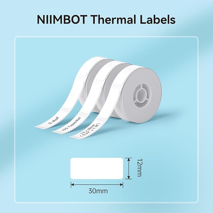 NIIMBOT Label Maker Tape for D11/D110/D101 Label Maker, 12 x 30 mm (0.47'' x 1.18''), 3Rolls for Home Office Labeling Tape Replacement, White