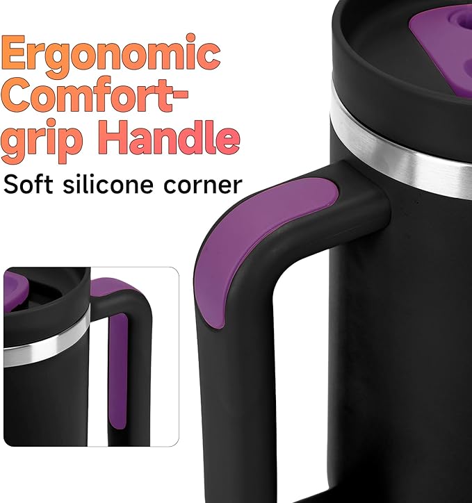 40oz Tumbler with Handle and Straw Spout 2-in-1 Lid, Spill Leak Proof Insulated Travel Cup Traveler Water Mug Keep Cold Hot, Dishwasher Safe Stainless Steel Bottle Gifts for Women Men, Black Purple