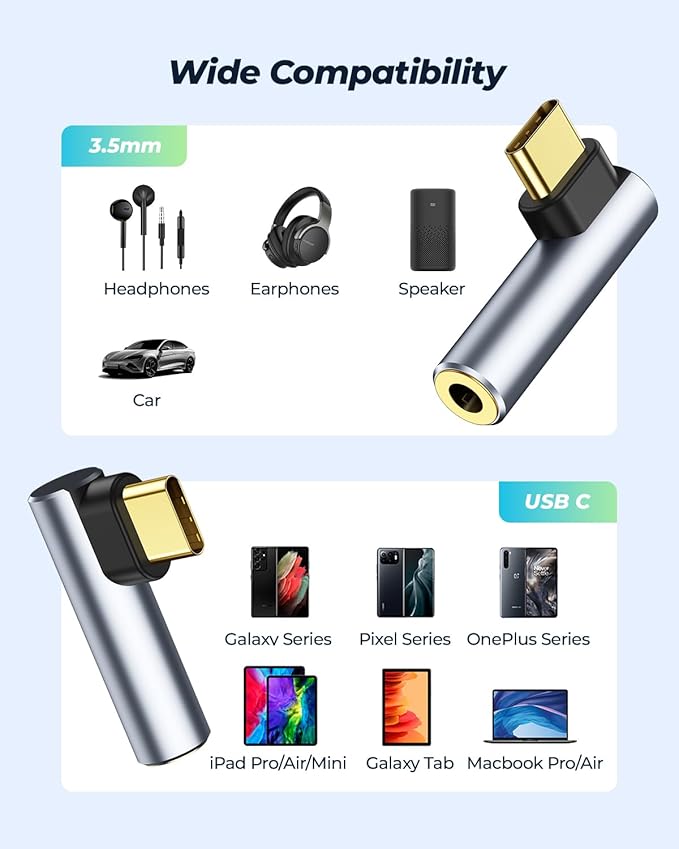 [2 Pack] USB C To 3.5mm Audio Adapter, USB Type C To 3.5mm Female Headphone Jack Dongle Aux Adapter DAC Stereo HiFi Right Angle for iPhone 17 Air, 16 15 Pro Max Plus, iPad Pro Air 5 4, Galaxy S24 S23