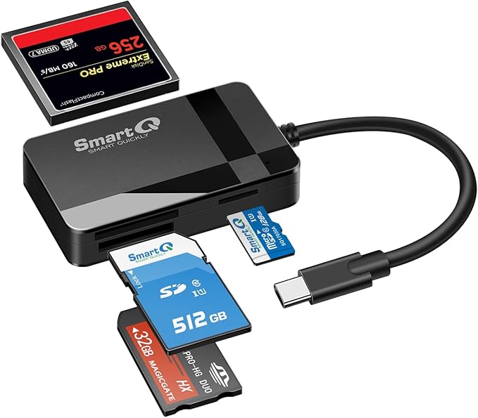 SmartQ SD Card Reader, 4-in-1 USB C 3.0 SD/Micro SD/MS/CF Memory Card Reader, Adapter for Camera, Compatible with MacBook Pro, MacBook Air/iPad Pro, Samsung Galaxy S10/S9/S8, Surface Book 2