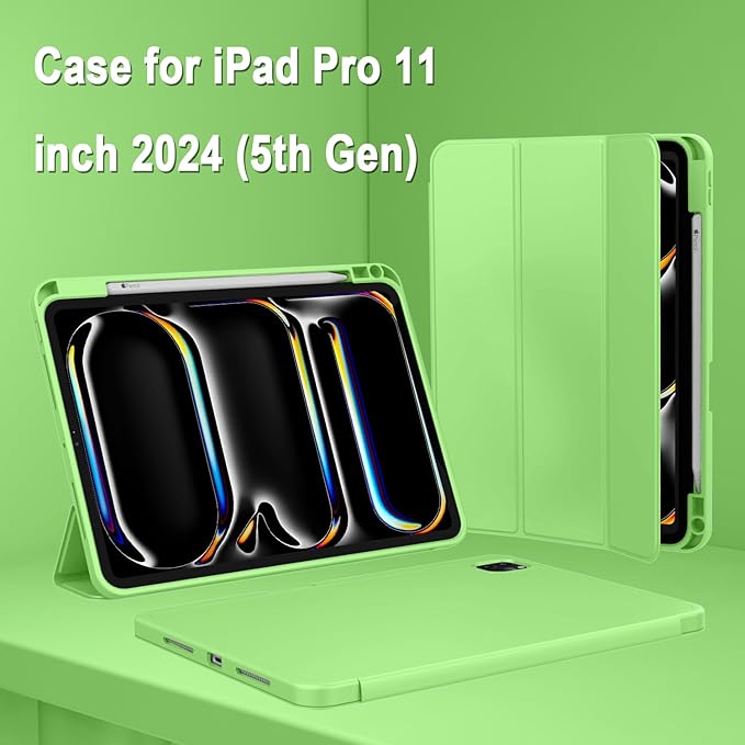 ZryXal iPad Pro 11 Inch Case (M5) 2025/ (M4) 2024 (Model: A2836/A2837/A3006), Trifold Stand Smart Cover with Pencil Holder and Soft TPU Back, Auto Wake/Sleep (Grass Green)