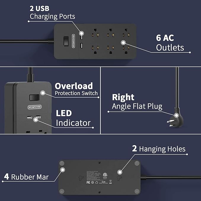 NTONPOWER 25 Ft Extension Cord Flat Plug, Surge Protector Power Strip with 6 Outlets 2 USB, 1875W/15A Circuit Breaker Overload Protection, 1080J, ETL Listed, Wall Mount for Home Office and Workbench