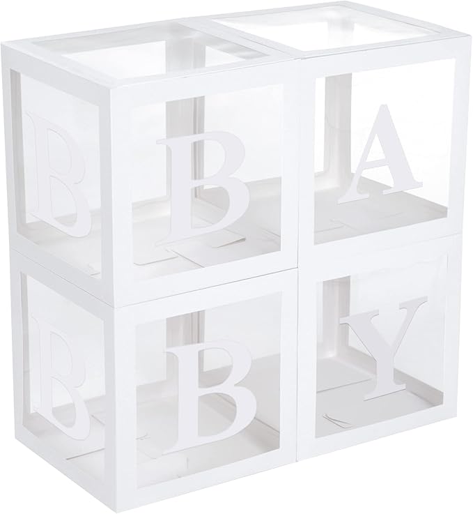 Baby Shower Boxes with Letters – White Boxes with Pastel Pink, Blue, Yellow, and Green Balloons – 44-Piece Gender Reveal & Party Decoration Set by Vellax