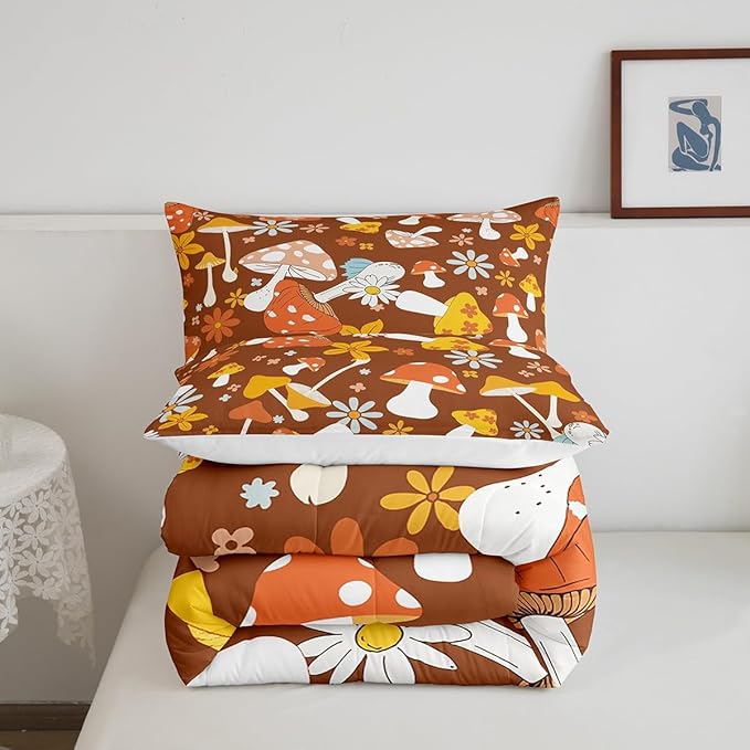 Castle Fairy 60s 70s Retro Hippie Bedding Comforters King Size,Groovy Flowers Mushroom Print Comforter Set for Children Xmas Gift,Boho Art Quilt Set Bedroom Decor, 2 Pillowcases